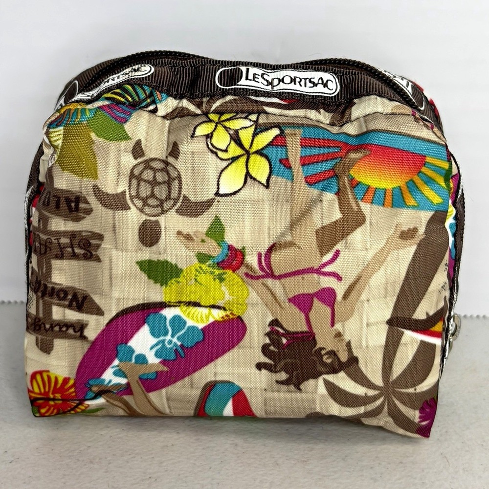 LeSportsac Zipper Makeup Bag Tropical Surfer Girl Beige Multicolor 5x4 in